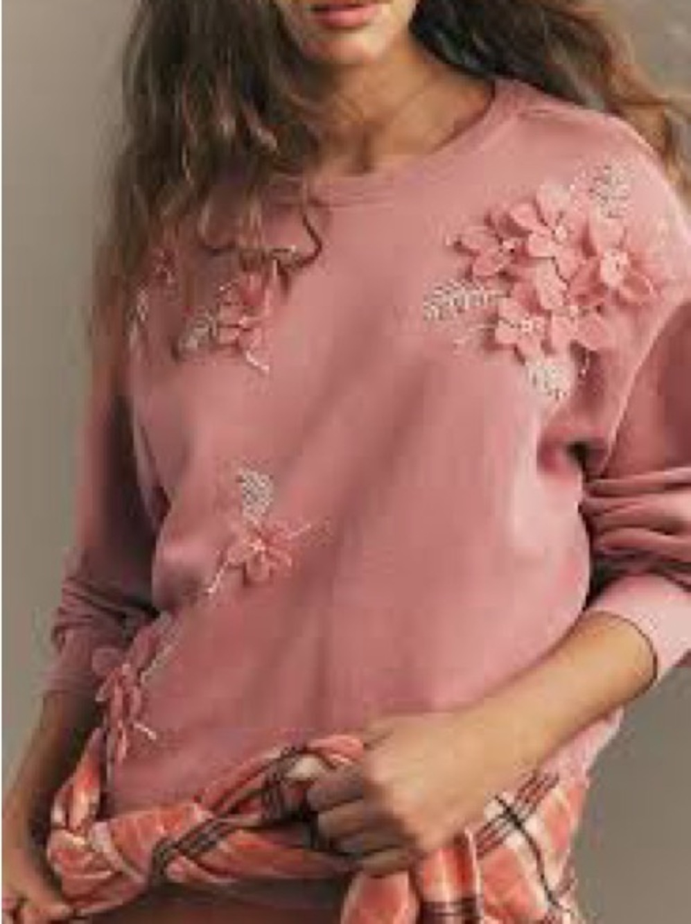 Anthropologie Dusty Rose 3D Floral Crewneck Sweater